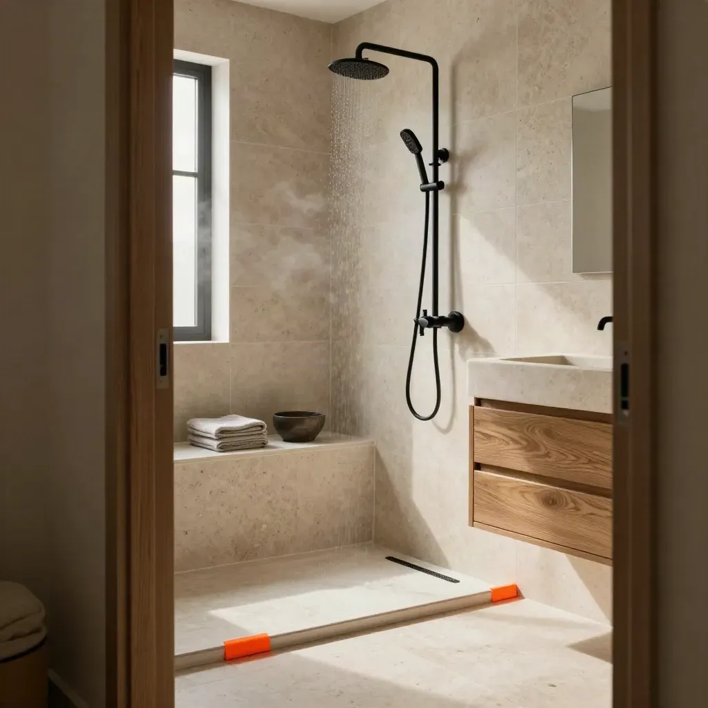 Bagno ristrutturato con piastrelle in pietra, lavabo in rovere e rubinetteria nera.
