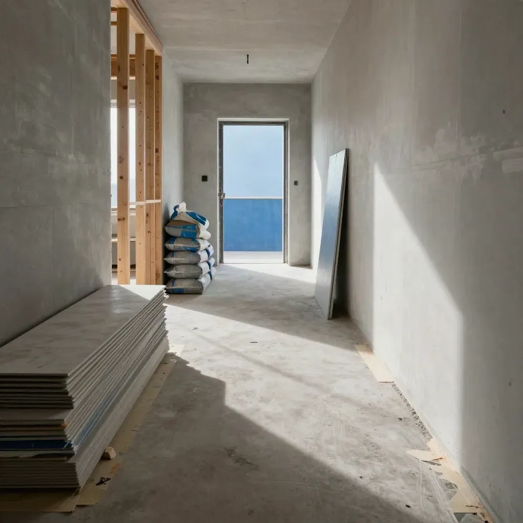 Corridoio in ristrutturazione con protezioni a terra, cartongesso, montanti in legno e luce radente