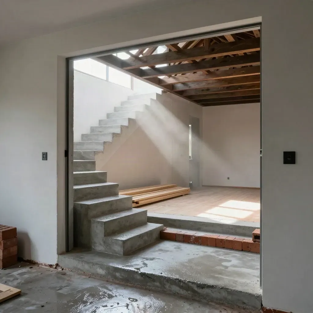 Cantiere di ristrutturazione con scale in cemento, mattoni, travi e salotto finito.