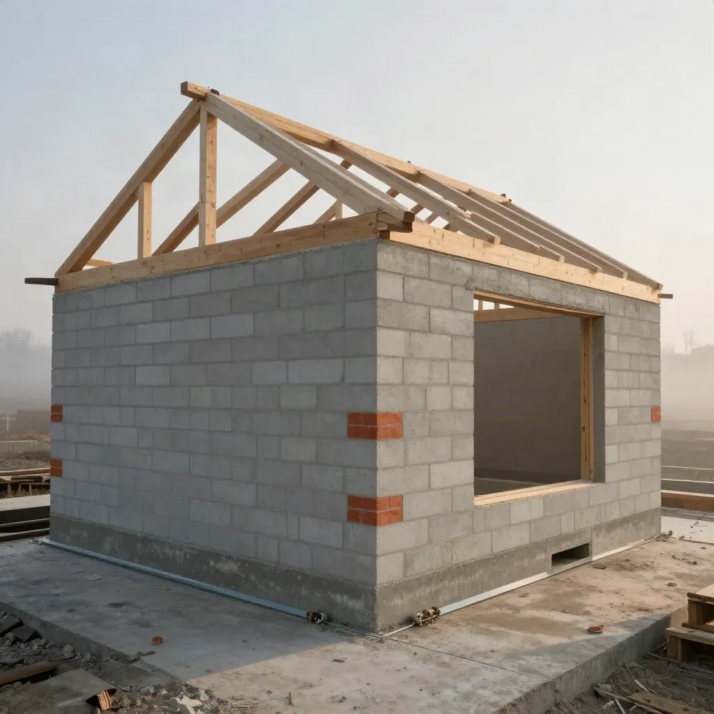 Casa nuova in costruzione con mattoni, travi a vista e blocchi di cemento nella luce del mattino