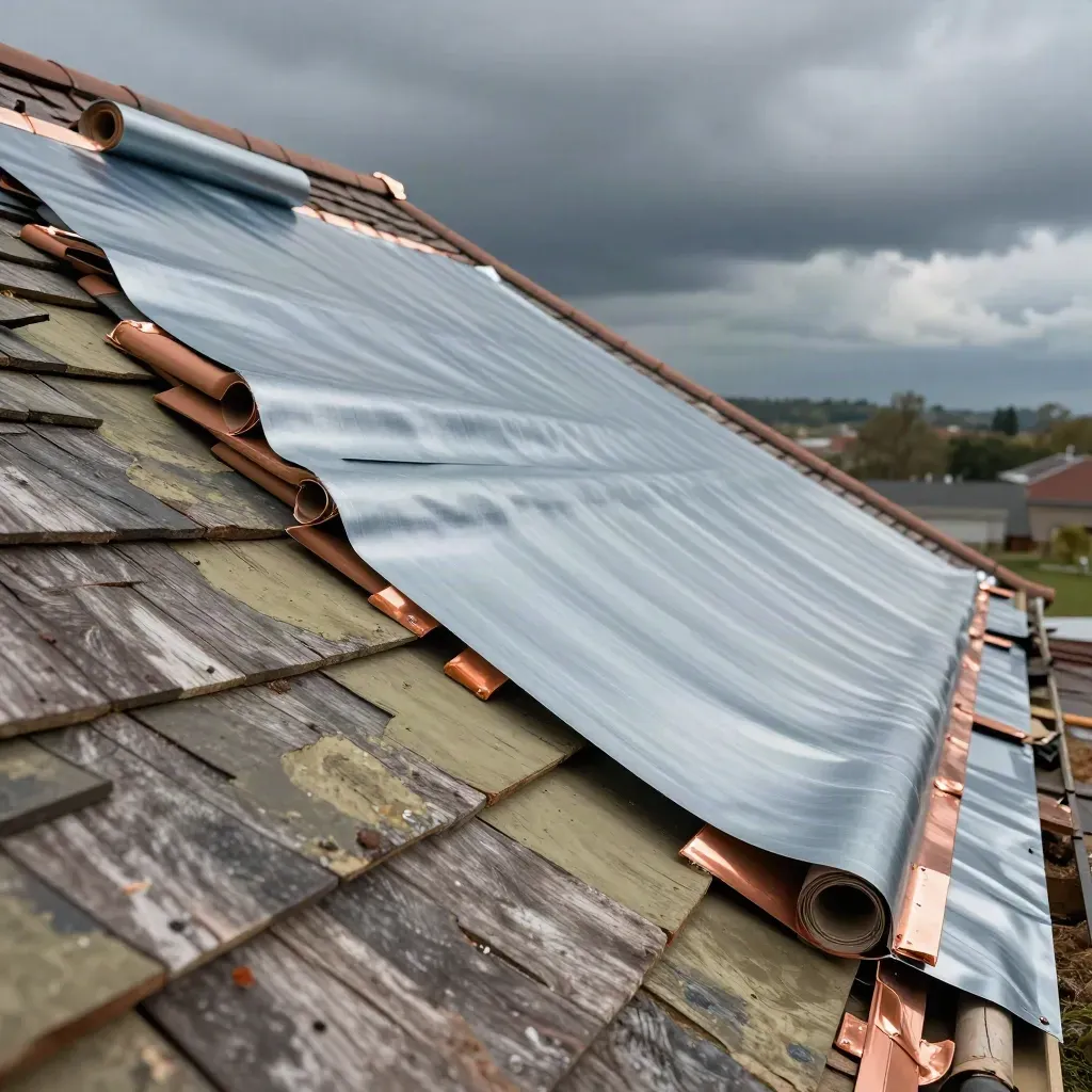 Tetto in ristrutturazione con membrane, tegole e lattoneria sotto vento e cielo coperto