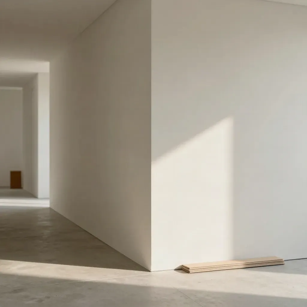 Corridoio interno appena rasato con cartongesso e finiture pronte alla tinteggiatura