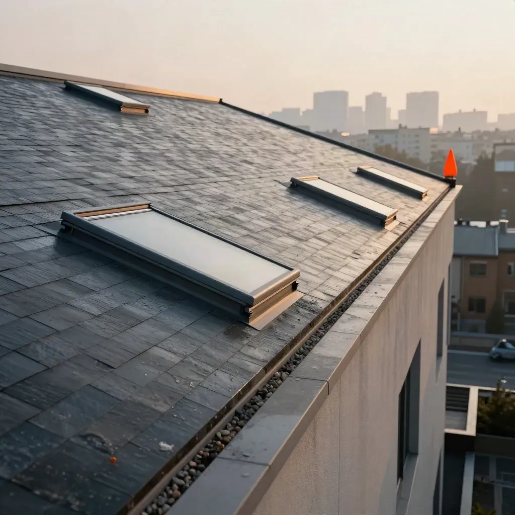 Tetto condominiale nuovo a Milano all’alba, membrane e lattoneria lucide dopo la pioggia.