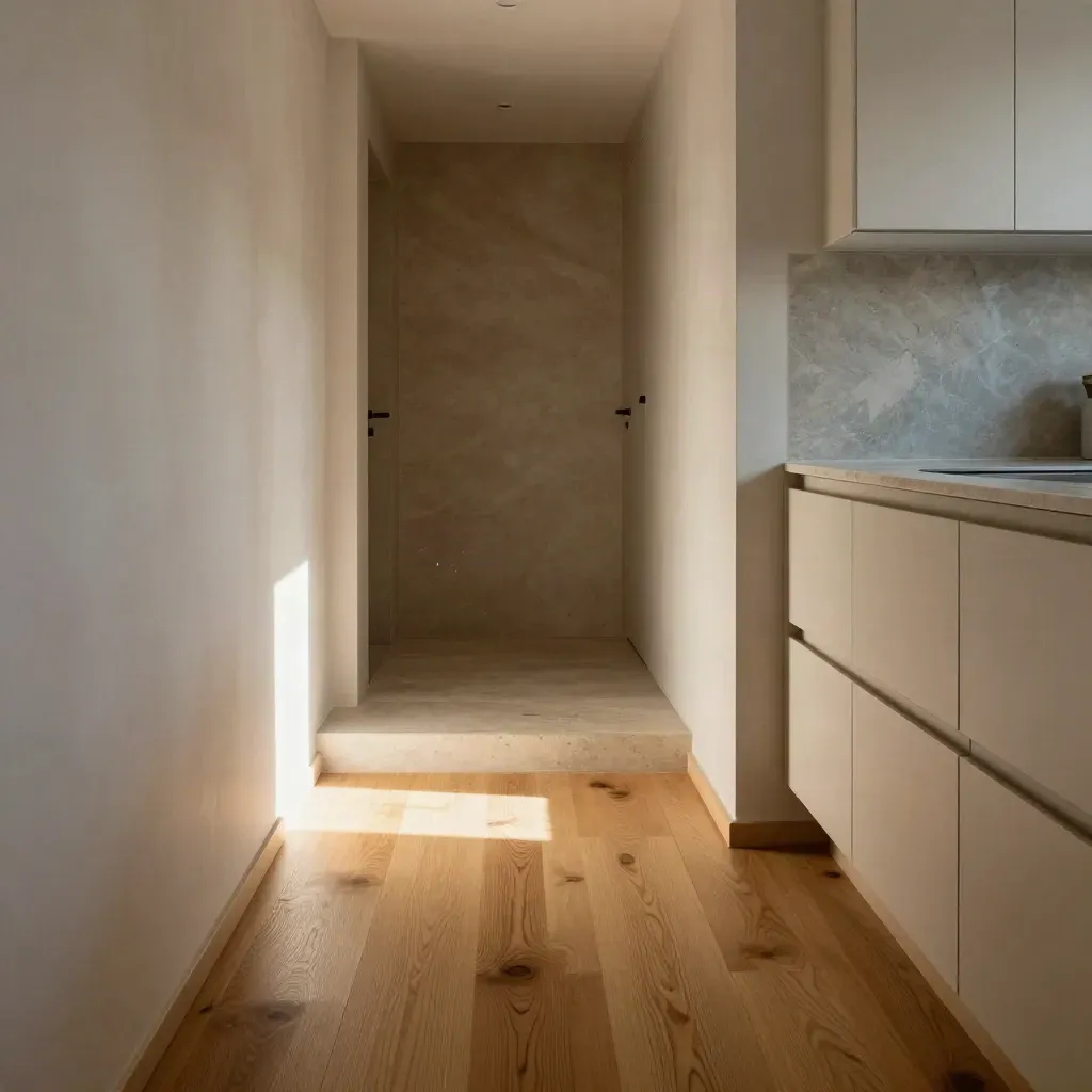 Ingresso di casa rinnovata con bagno, cucina e pavimenti nuovi, luce calda sul corridoio