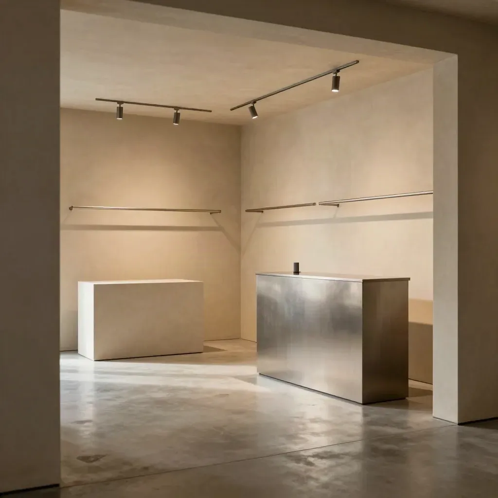 Interno commerciale rifinito con pareti chiare, plinti vuoti e luce calda del tardo pomeriggio.