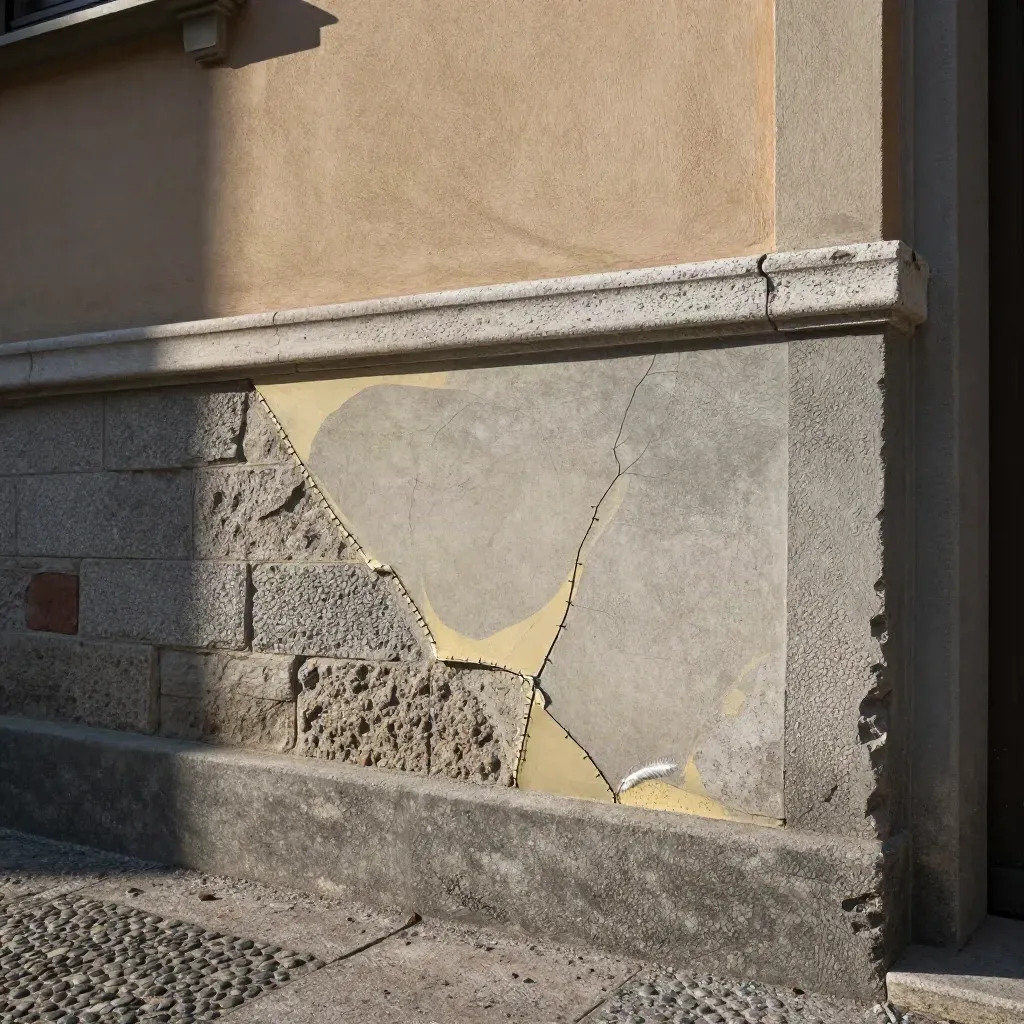Muro in muratura riparato con crepe suturate e intonaco rappezzato, vista ravvicinata laterale.