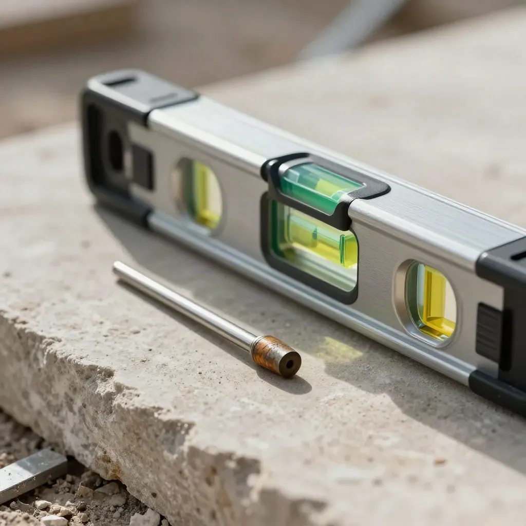 Livella laser, filo a piombo e marcatore anodizzato su pietra chiara in un cantiere