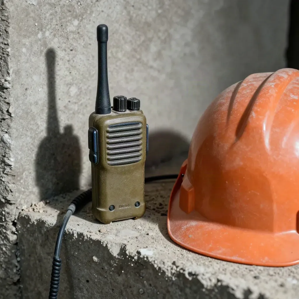 Walkie-talkie impolverato e casco arancione su bordo in cemento, in luce radente