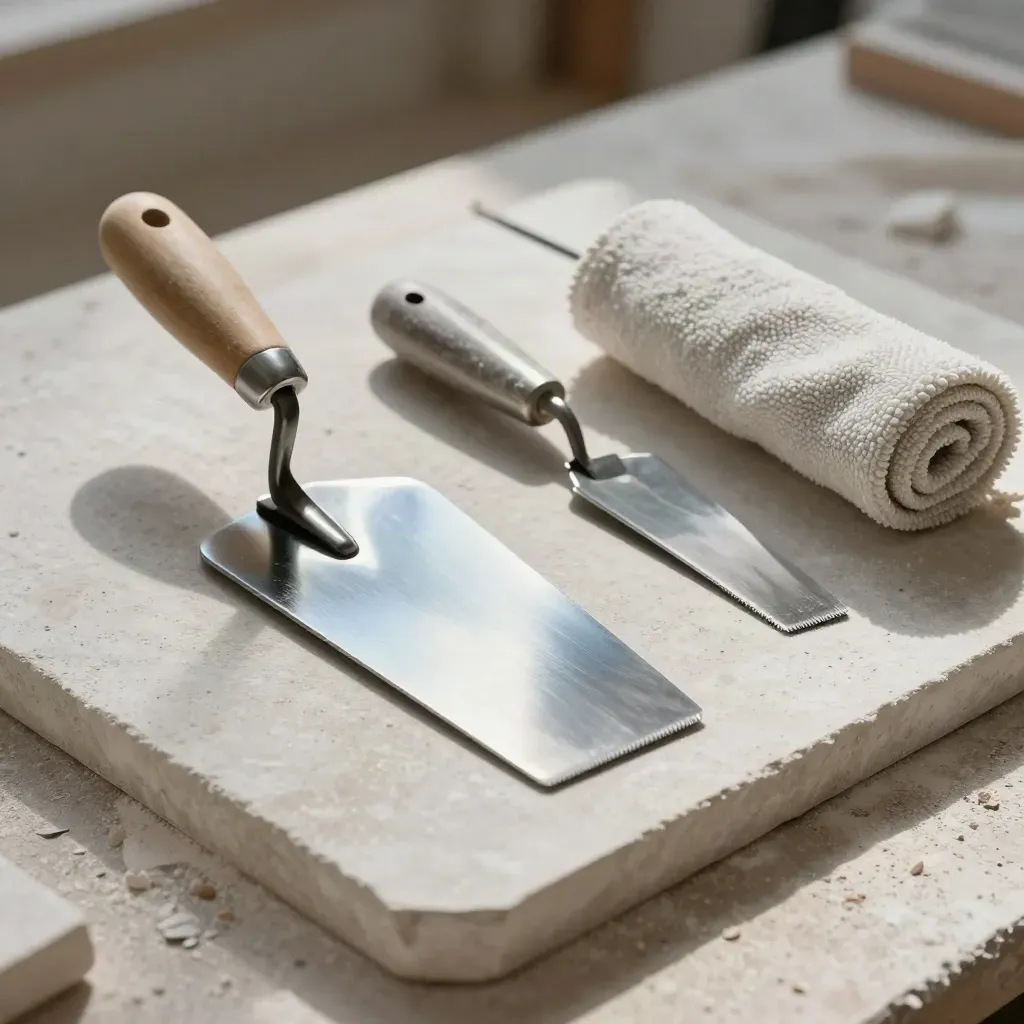 Trowel, spatola e manicotto in microfibra su lastra di pietra con polvere di gesso.