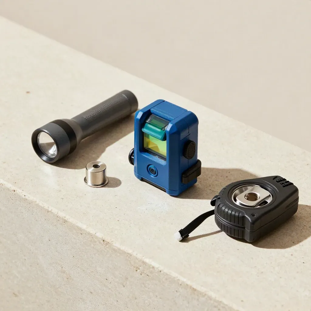 Strumenti da sopralluogo su pietra chiara: livella laser, piombo, torcia e filo tracciante.
