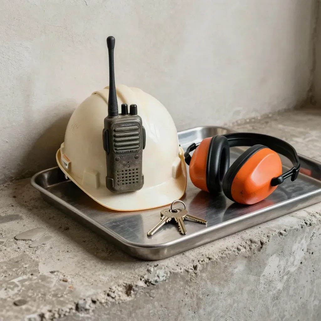 Kit da cantiere con casco, walkie-talkie, cuffie antirumore e chiavi su vassoio metallico