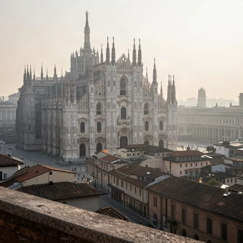 Duomo di Milano tra nebbia e tetti terracotta all’alba