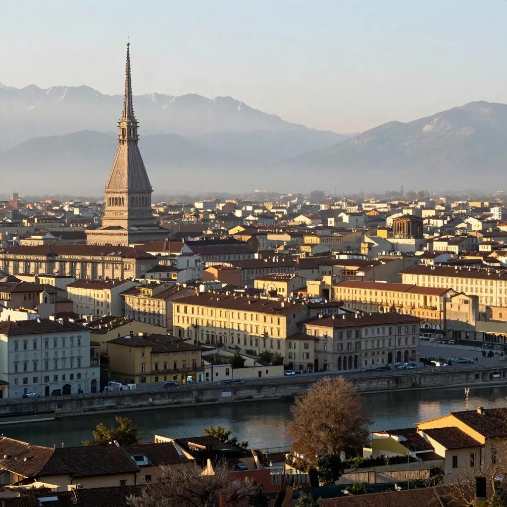 Torino al tramonto con le Alpi e la pianura in luce dorata.