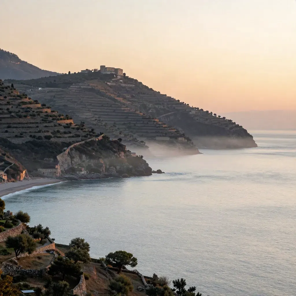 Costa ligure all’alba, colline terrazzate e mare calmo avvolti nella foschia