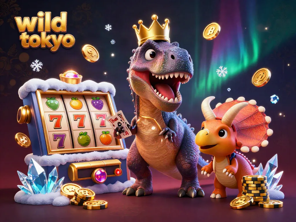 Experience the thrill of wild tokyo casino action with a T-Rex shuffling cards and a dynamic gaming scene.